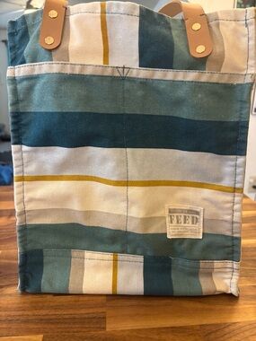 FEED Striped Canvas Tote Bag in Teal and Mustard